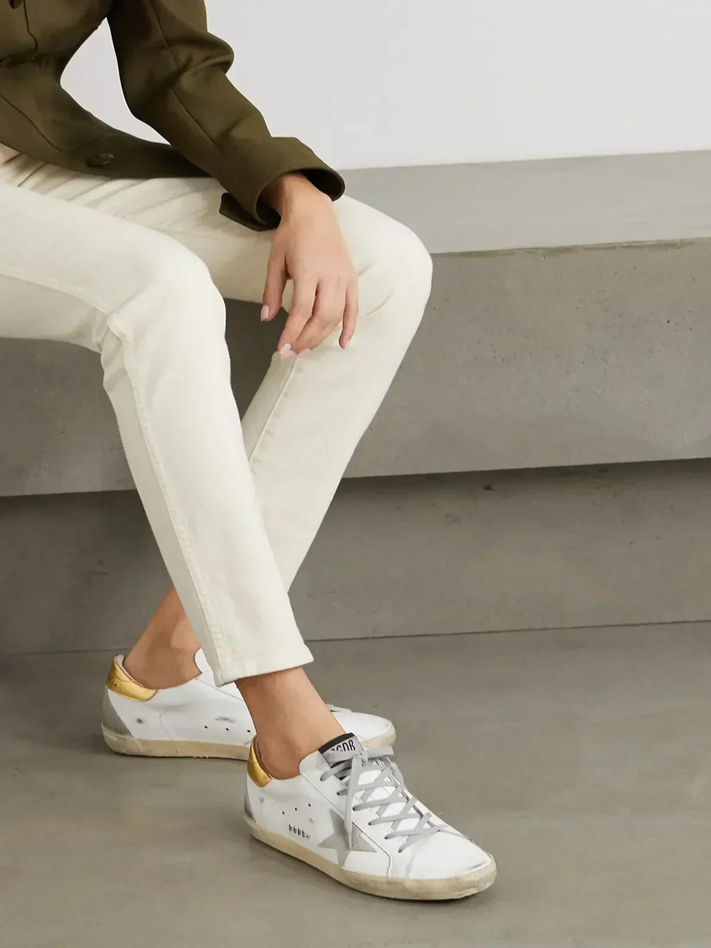 Superstar distressed leather and suede sneakers