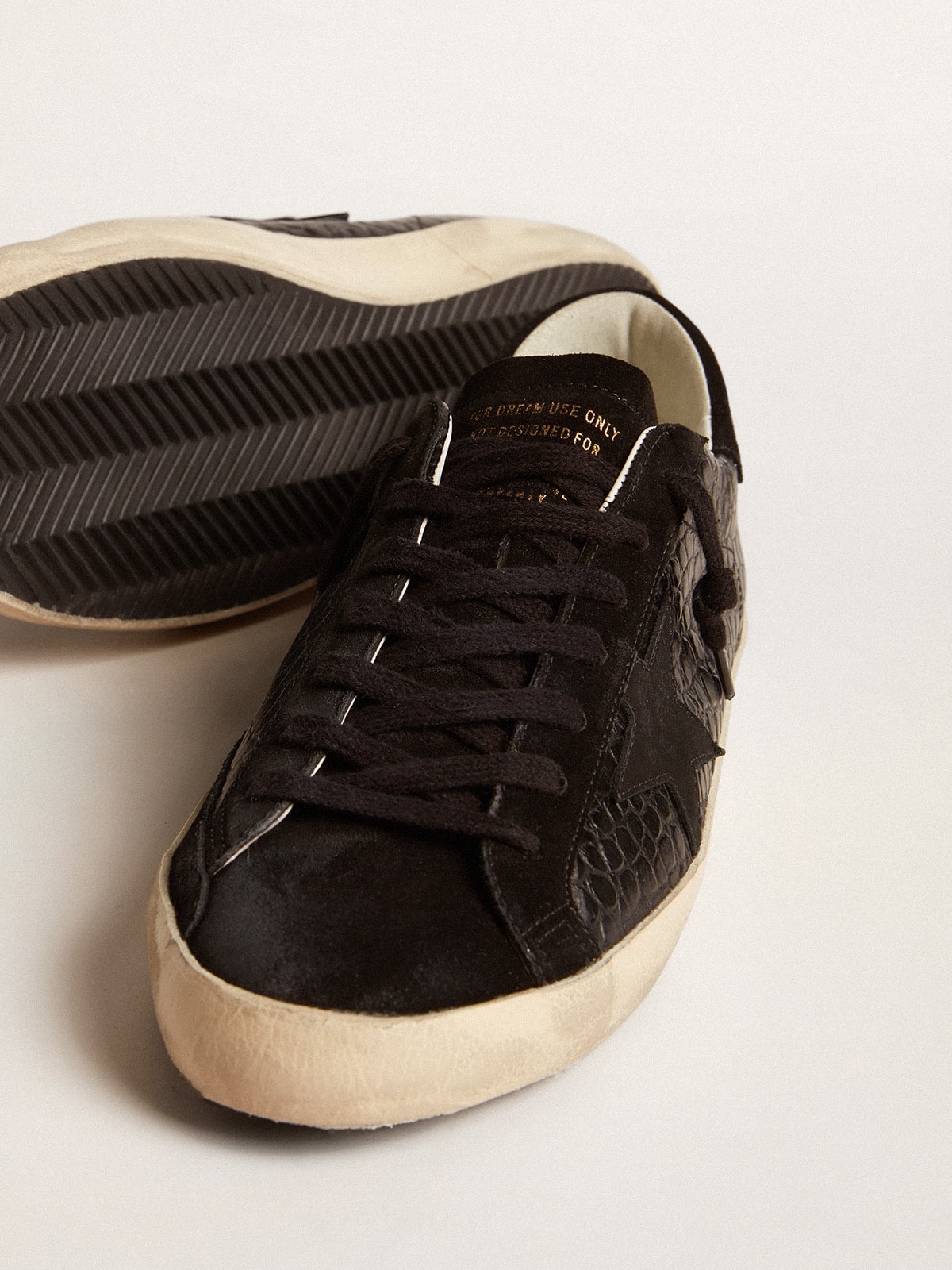 Super-Star LTD in crocodile-print leather with black suede inserts