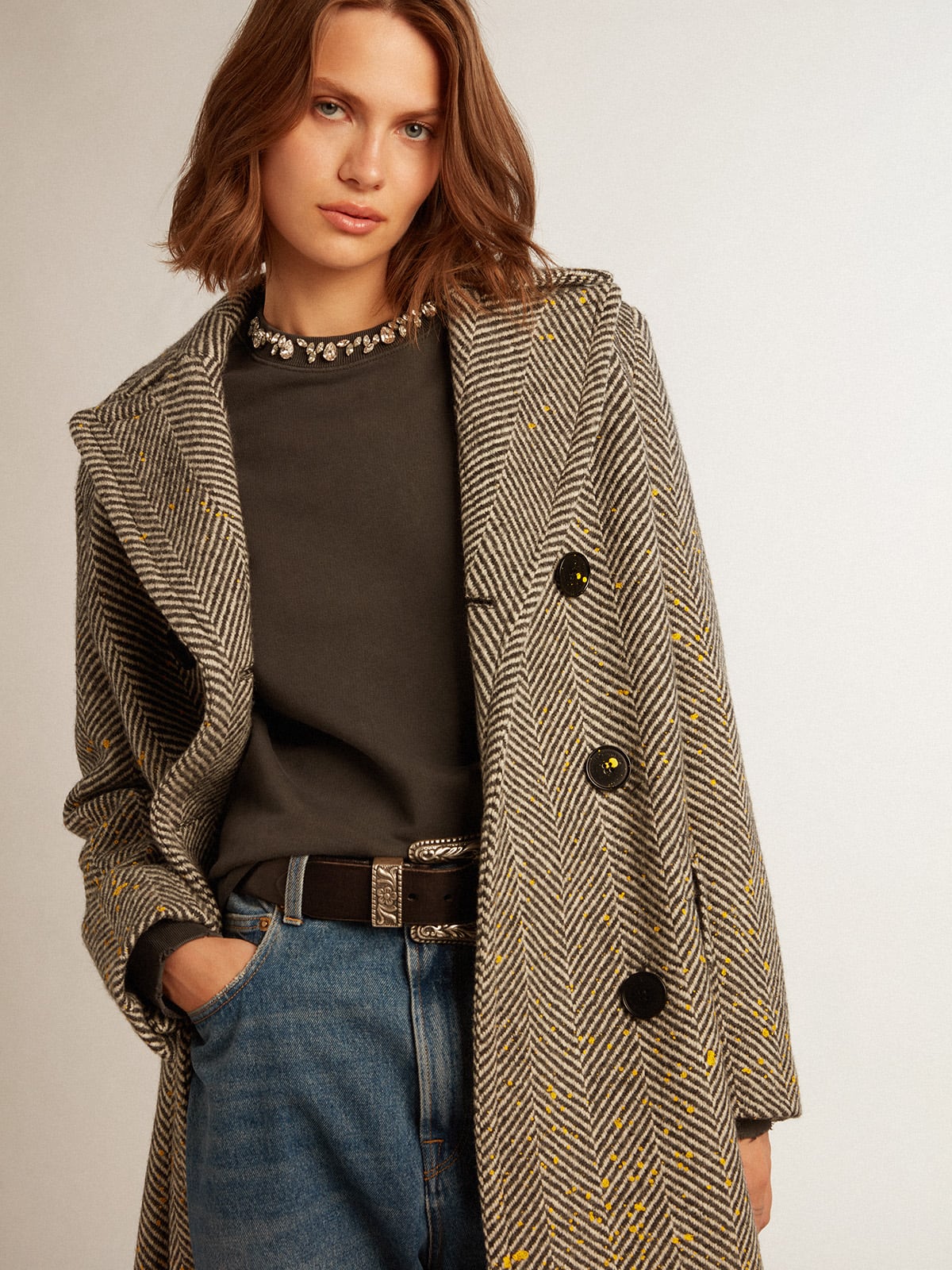 Women's long herringbone coat with yellow details