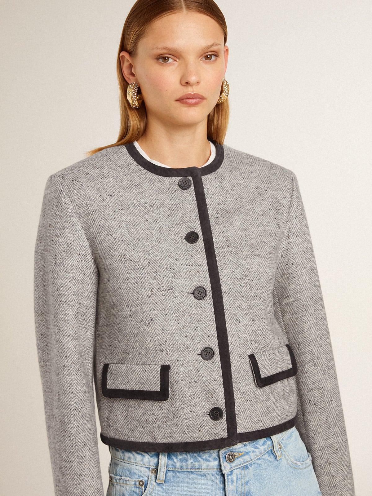 Women's grey wool and silk jacket with black suede trim