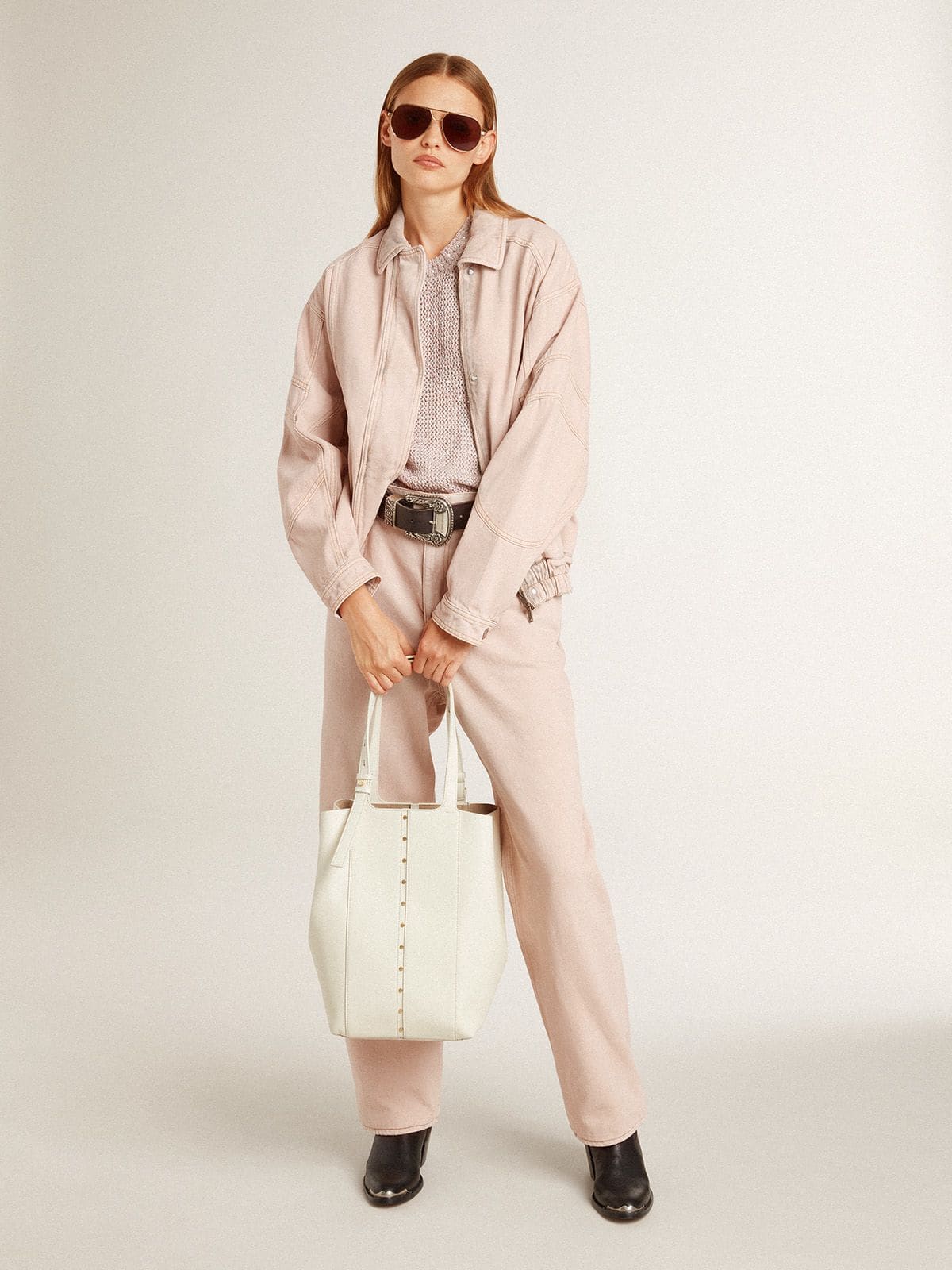 Women's pink dyed denim bomber jacket