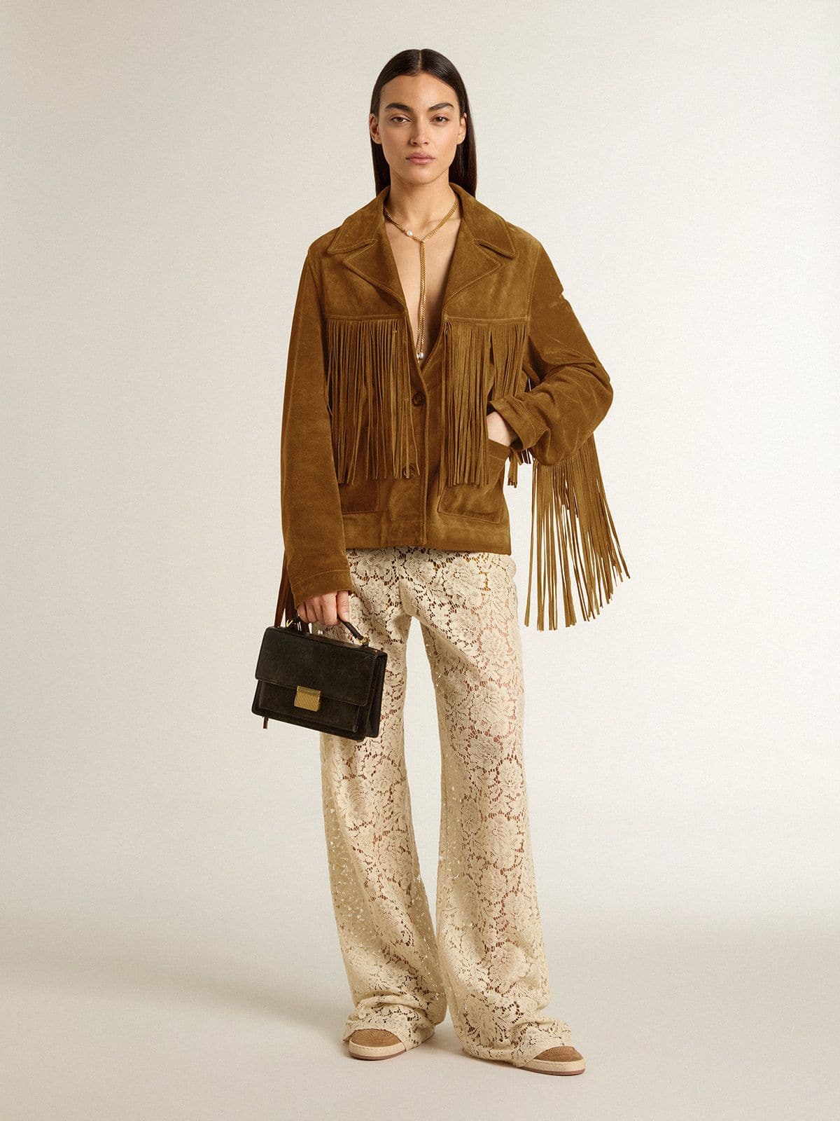 Women’s tobacco-colored suede jacket women with fringes